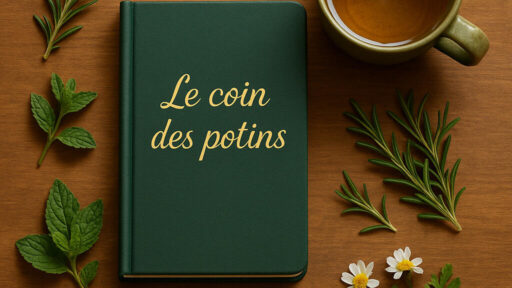 Carnet vert avec l’inscription dorée Le coin des potins, posé sur une table en bois avec une tasse de thé et des plantes aromatiques.