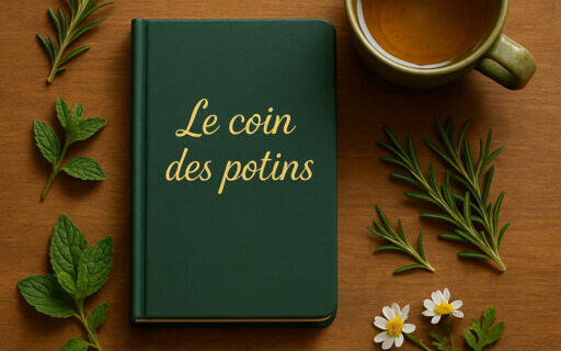 Carnet vert avec l’inscription dorée Le coin des potins, posé sur une table en bois avec une tasse de thé et des plantes aromatiques.